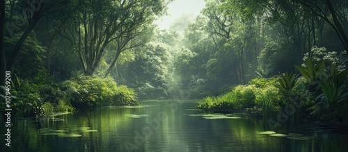 Serene landscape featuring lush greenery and a tranquil water body evoking a sense of peace and natural beauty