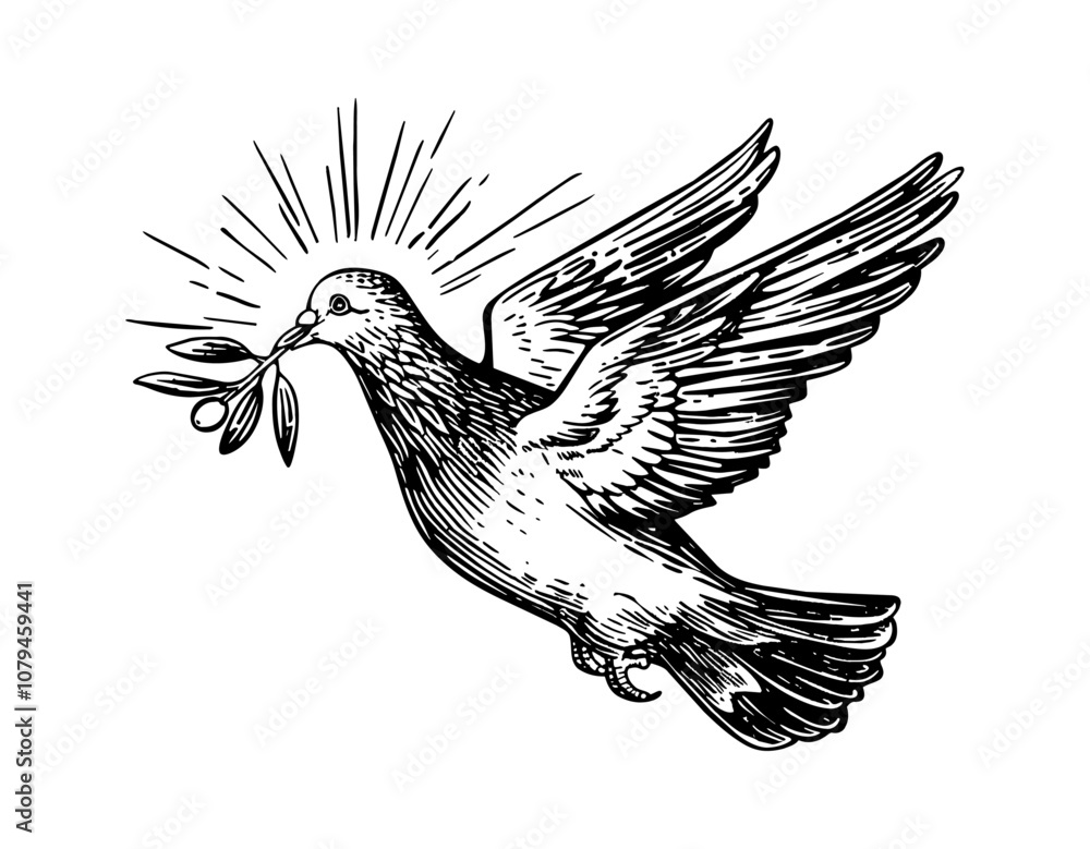 Obraz premium pigeon olive branch engraving black and white outline