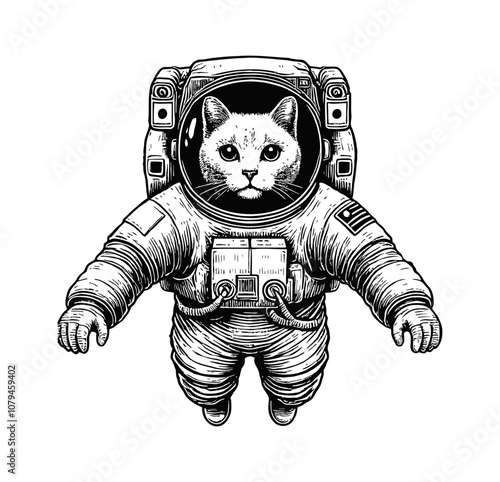 cat astronaut suit engraving black and white outline