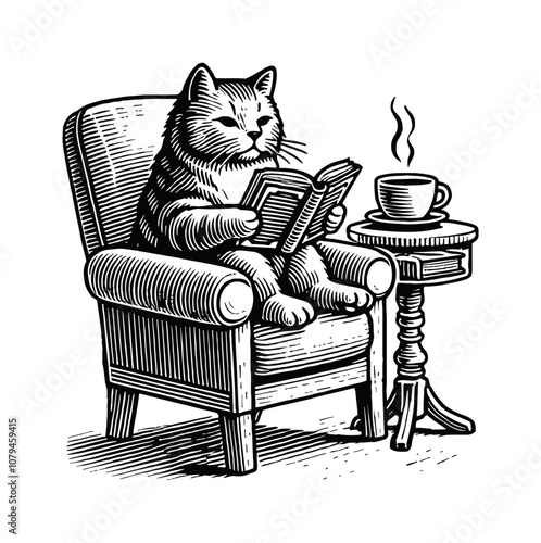 cat read book sofa coffee engraving black and white outline