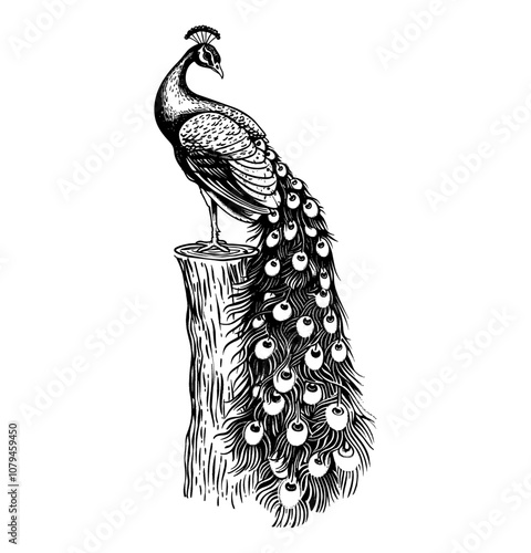 peacock engraving black and white outline