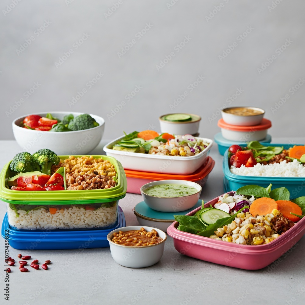 Healthy meal prep containers arranged on a kitchen counter Healthy meal prep containers arranged on a kitchen counter