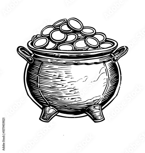 cauldron gold coin engraving black and white outline