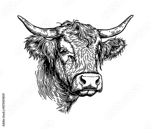 scottish highland cow engraving black and white outline