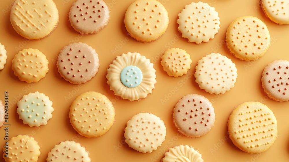 Bird s eye view of a collection of circular cookies arranged on a light backdrop Bird s eye view of a collection of circular cookies arranged on a light backdrop