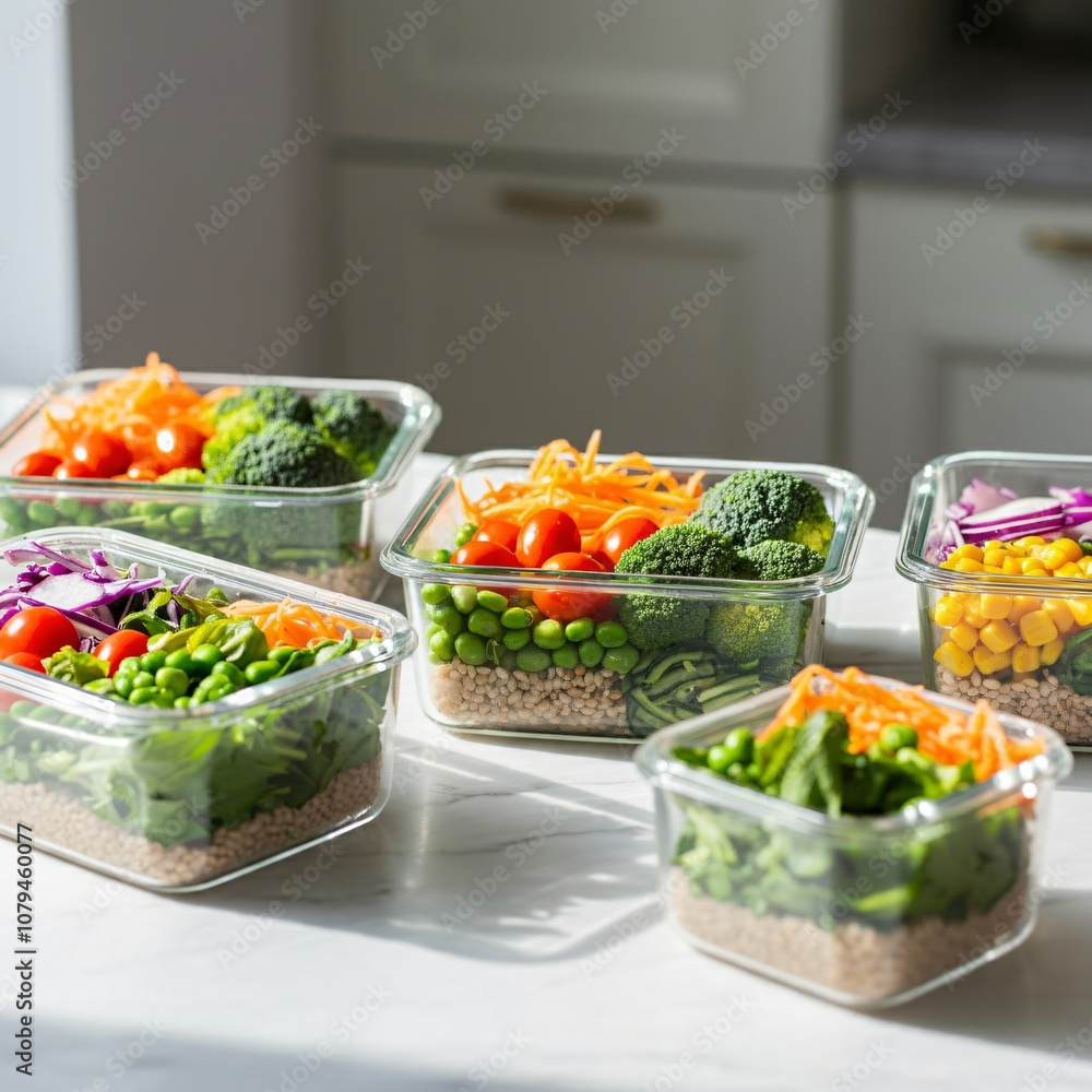 Healthy meal prep containers arranged on a kitchen counter Healthy meal prep containers arranged on a kitchen counter