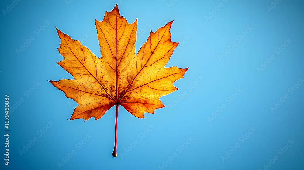Fototapeta premium Single Dried Maple Leaf against a Vivid Blue Sky Background: Autumnal Photography