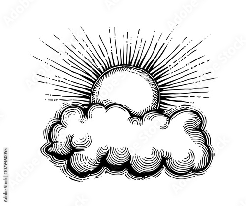 sun and cloud engraving black and white outline