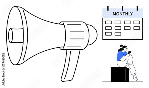 Large megaphone beside monthly calendar, person using smartphone. Ideal for marketing strategies, campaign planning, announcements, scheduling, social media management, digital promotions. Line