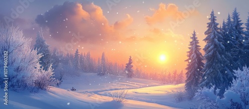 Dreamlike sunrise over a picturesque snowy landscape photo