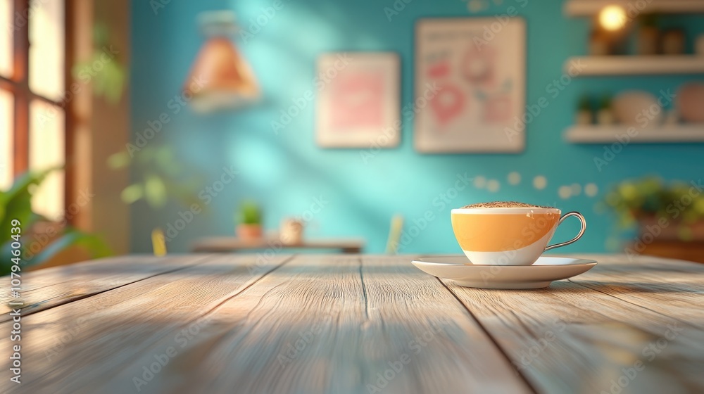Product showcased on a vacant wooden table with a softly blurred cafe backdrop Product showcased on a vacant wooden table with a softly blurred cafe backdrop