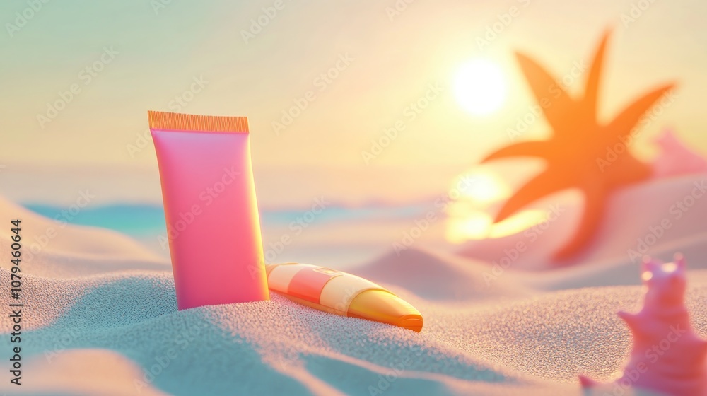 A sunscreen tube rests on soft sand under a radiant summer sun accompanied by a soothing ambiance A sunscreen tube rests on soft sand under a radiant summer sun accompanied by a soothing ambiance