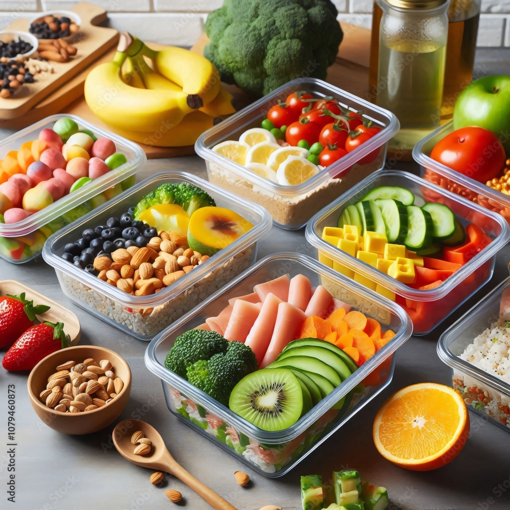 Healthy meal prep containers arranged on a kitchen counter Healthy meal prep containers arranged on a kitchen counter