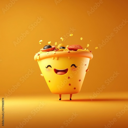 A cheerful, animated food character overflowing with colorful toppings, representing joy and indulgence in delicious snacks. photo