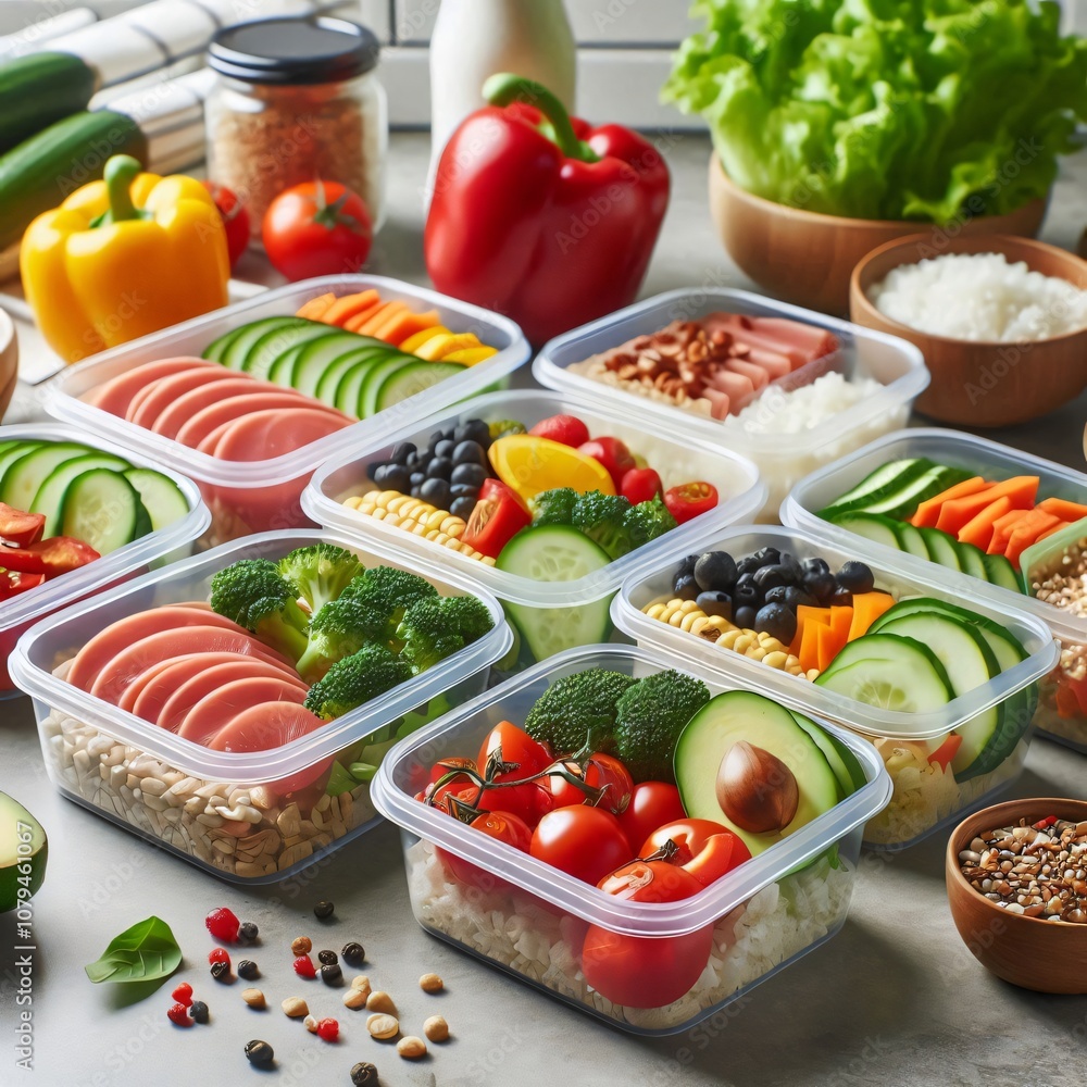 Healthy meal prep containers arranged on a kitchen counter Healthy meal prep containers arranged on a kitchen counter