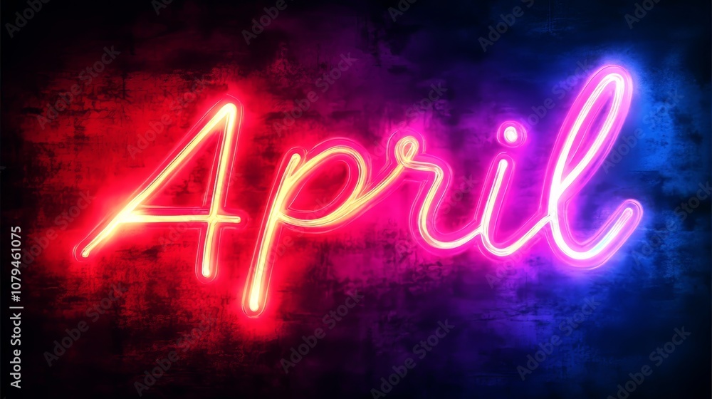 April. Neon signboard glowing text on a brick wall background, electric signage light up April. Neon signboard glowing text on a brick wall background, electric signage light up