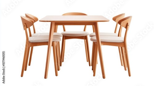 Stylish wooden dining set, featuring a sleek table and cushioned fabric chairs, mid-century modern design, isolated on white, perfect for kitchen spaces