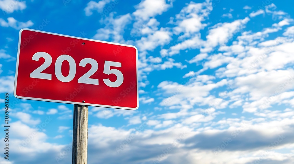 A bright red sign displaying the year 2025 against a blue sky with scattered clouds. A bright red sign displaying the year 2025 against a blue sky with scattered clouds.