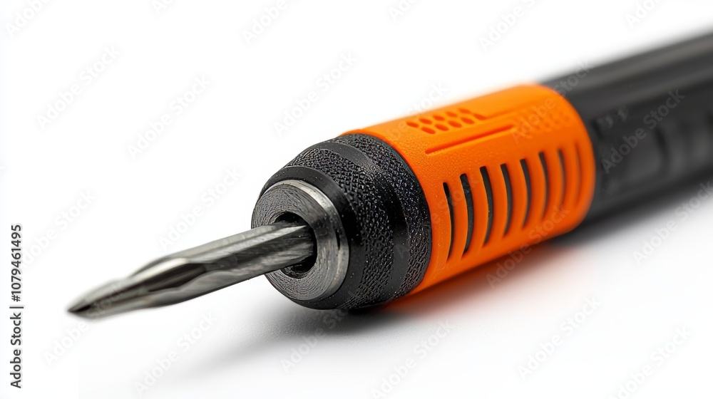 Macro shot of an orange and black screwdriver, ergonomic grip emphasized, isolated on white background, tool precision and durability Macro shot of an orange and black screwdriver, ergonomic grip emphasized, isolated on white background, tool precision and durability