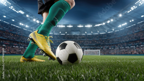 Wallpaper Mural A soccer player is kicking a soccer ball on a field. The player is wearing green socks and yellow shoes. The soccer ball is white and is in the air Torontodigital.ca