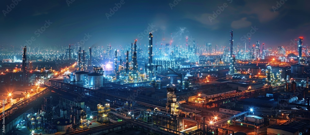 Obraz premium Night View of an Illuminated Industrial Complex