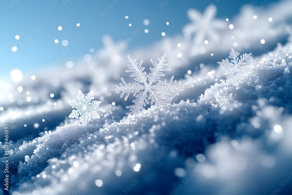 A close-up of delicate snowflakes resting on a snowy surface, creating a serene winter scene. A close-up of delicate snowflakes resting on a snowy surface, creating a serene winter scene.