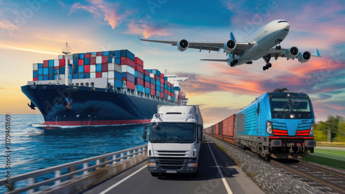 A train, a cargo ship and an airplane are all on the same road. The train is blue and the cargo ship is large and black. Scene is one of transportation photo