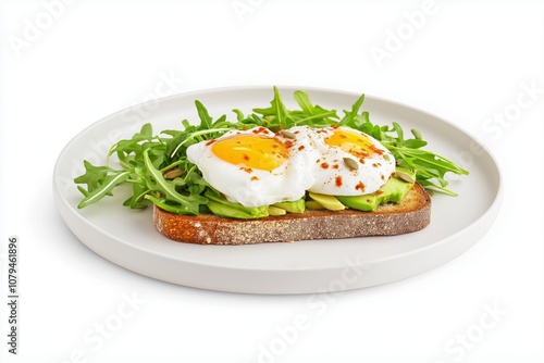 Avocado toast with poached egg, arugula, and seeds on seeded bread. Healthy breakfast concept