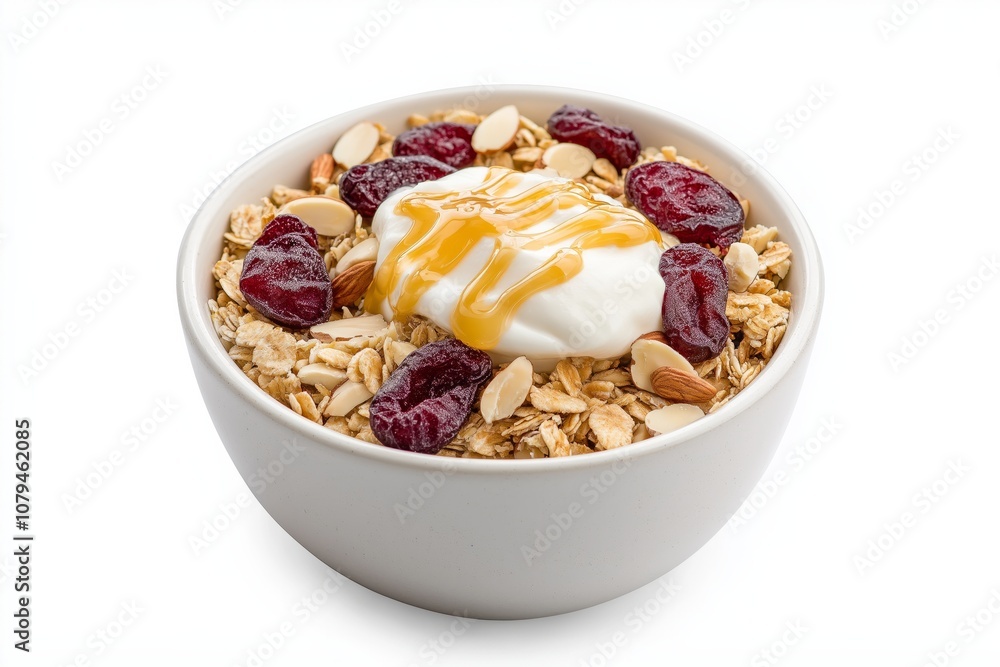 Bowl of granola with yogurt, dried cranberries, almonds, and honey topping. Healthy breakfast food concept Bowl of granola with yogurt, dried cranberries, almonds, and honey topping. Healthy breakfast food concept