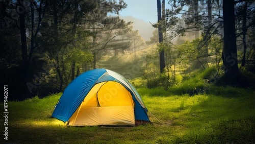 Camping in the wild with tent and forest landscape, outdoor adventure and wilderness experience 