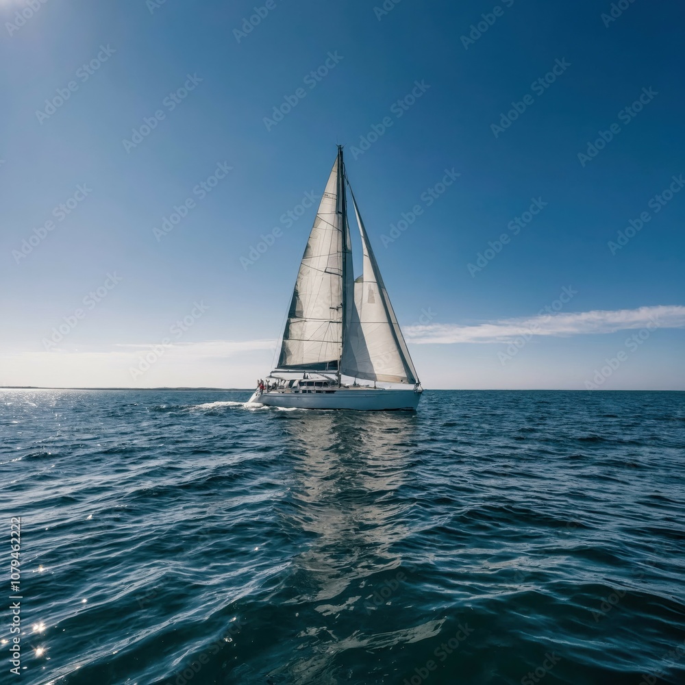 Naklejka premium Sailboat on Calm Ocean with Clear Blue Sky