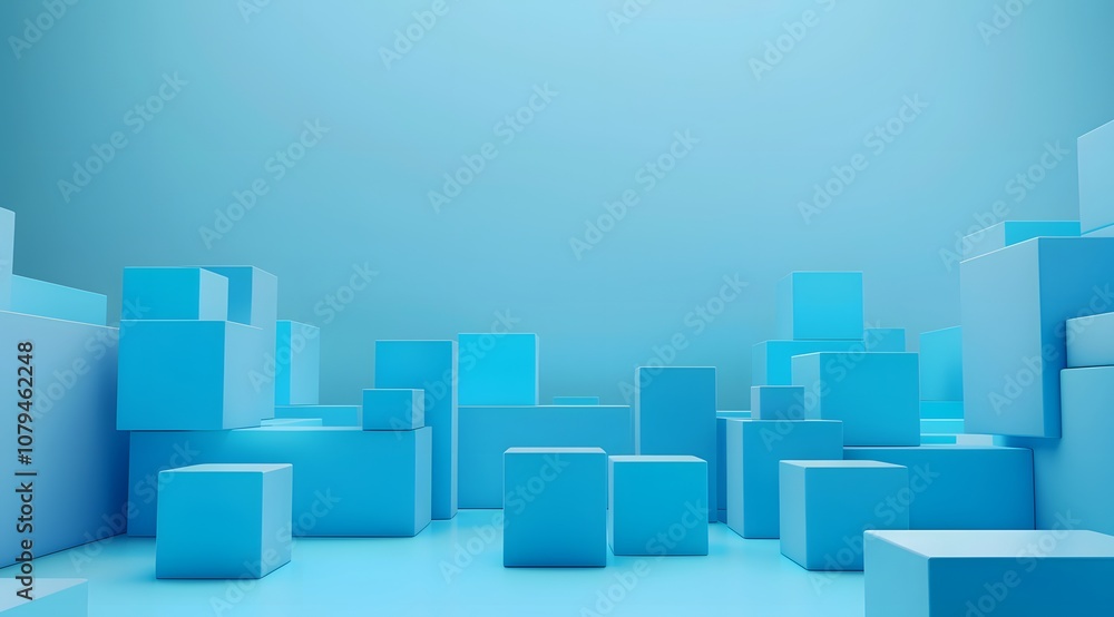 A serene blue landscape with various geometric shapes creating a minimalist environment. A serene blue landscape with various geometric shapes creating a minimalist environment.