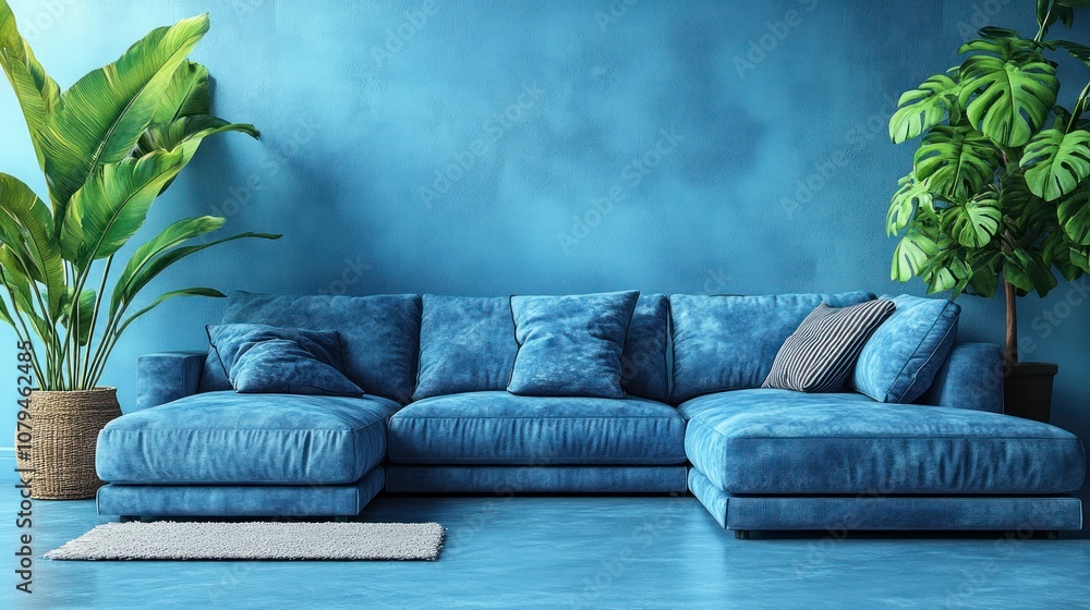 Cozy blue sectional sofa in a vibrant room with plants. Cozy blue sectional sofa in a vibrant room with plants.