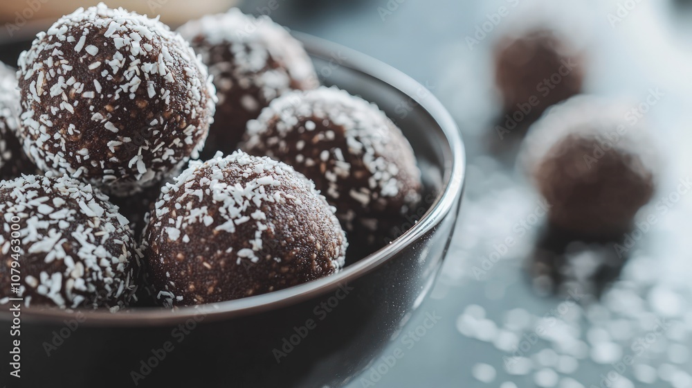 Close-up of chocolate coconut balls in a bowl. Close-up of chocolate coconut balls in a bowl.