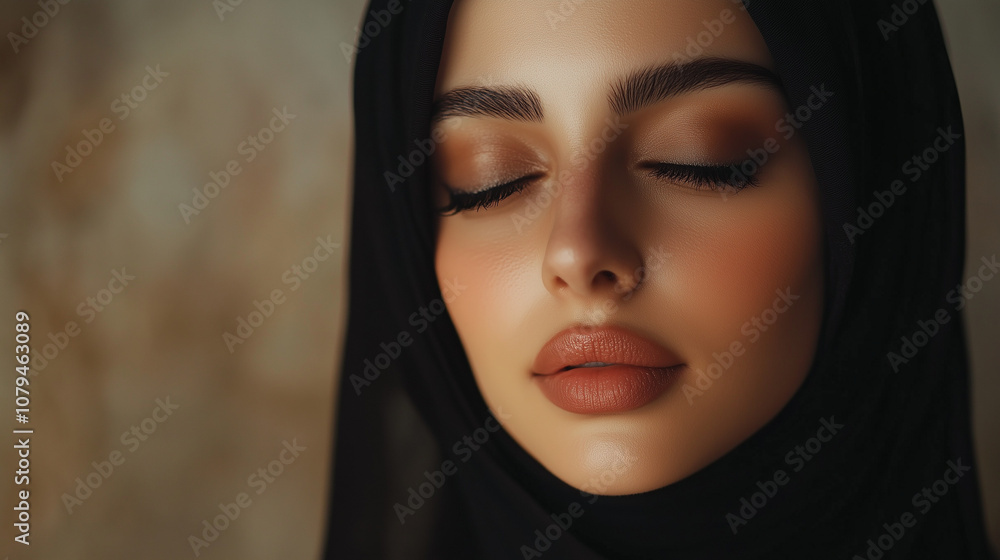Delikatnie oświetlony portret kobiety w czarnym hijabie, którego miękkie, złote światło emanuje ciepłem i wyrafinowaniem. Delikatnie oświetlony portret kobiety w czarnym hijabie, którego miękkie, złote światło emanuje ciepłem i wyrafinowaniem.