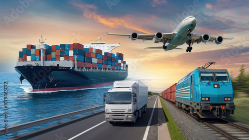 A blue train is on a track next to a large ship and an airplane. Concept of movement and progress, as the train, ship, and airplane all travel in different directions