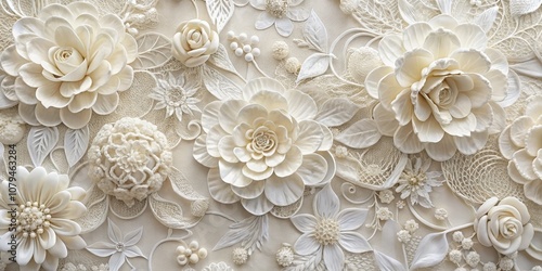 White Floral 3D Wall Art with Lace and Pearl Details, floral art , wall decor