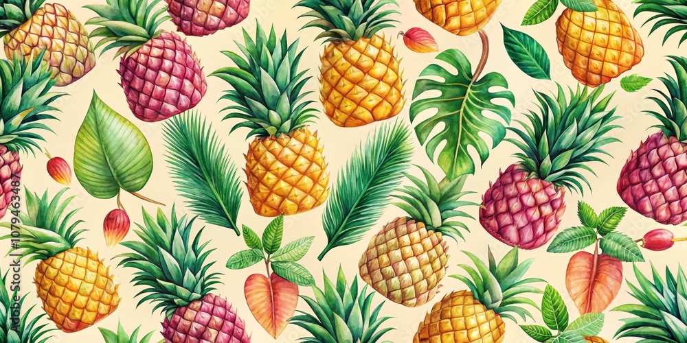 Watercolor Tropical Pineapples and Lush Leaves, Seamless Pattern , tropical, pattern Watercolor Tropical Pineapples and Lush Leaves, Seamless Pattern , tropical, pattern