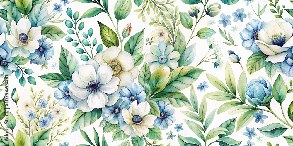 Watercolor Seamless Pattern with White and Blue Flowers and Green Leaves, botanical, floral Watercolor Seamless Pattern with White and Blue Flowers and Green Leaves, botanical, floral
