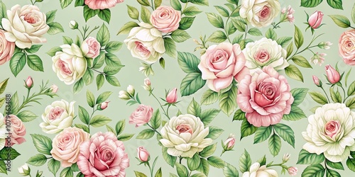 Watercolor Seamless Pattern with Pink and White Roses on Green Background, Floral, Botanical, Vintage, Flower Pattern, Watercolor Illustration