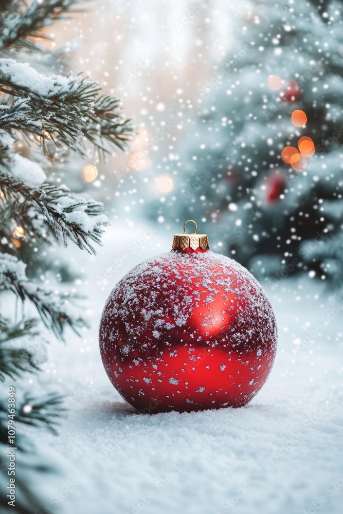 A vibrant red Christmas ornament nestled in pristine snow, capturing the festive holiday spirit in a serene winter setting. A vibrant red Christmas ornament nestled in pristine snow, capturing the festive holiday spirit in a serene winter setting.