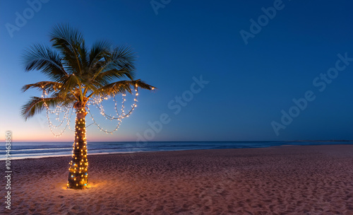 Fototapeta Naklejka Na Ścianę i Meble -  Lone palm tree on the beach on an island with christmas decorations lights trunk tropical holiday celebration in Hawaii