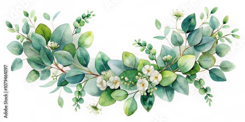Wallpaper Mural Watercolor Eucalyptus Greenery Wreath with White Flowers, botanical, floral , floral wreath, eucalyptus leaves, white flowers, watercolor painting Torontodigital.ca