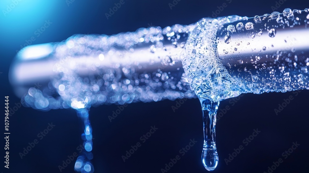 Plumber's view of leaking stainless steel pipe under sink, water dripping in focus, subtle blue background to convey calm urgency for repair Plumber's view of leaking stainless steel pipe under sink, water dripping in focus, subtle blue background to convey calm urgency for repair