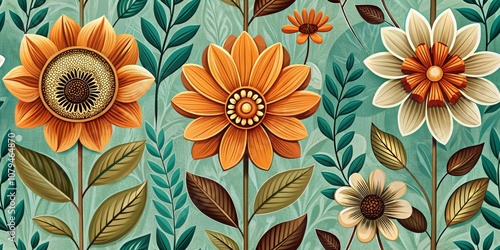 Wallpaper Mural Seamless Floral Pattern with Orange and Beige Flowers on Green Background, Pattern , Texture Torontodigital.ca