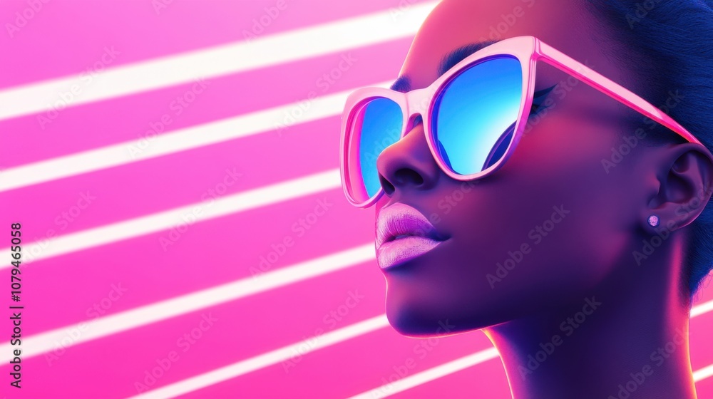 Stylish Woman with Sunglasses Against Neon Pink and Blue Striped Backdrop Stylish Woman with Sunglasses Against Neon Pink and Blue Striped Backdrop