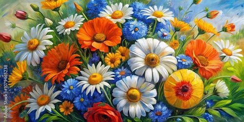 Oil Painting of a Bouquet of Daisies, Poppies, and Cornflowers, Summer Flowers, Floral Art