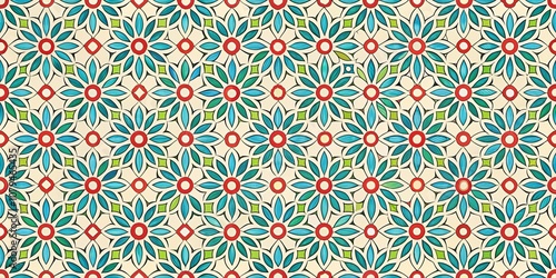 Intricate Floral Tile Pattern with Blue and Red Accents, Tile, Pattern