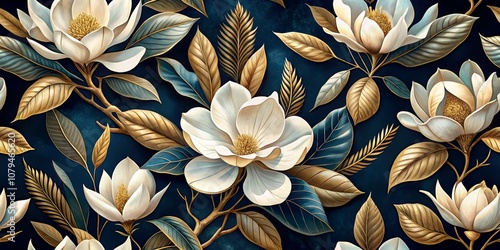 Fototapeta Naklejka Na Ścianę i Meble -  Golden Magnolia Flowers on Deep Blue Background, Seamless Pattern, Botanical Art, Nature, Floral , ,