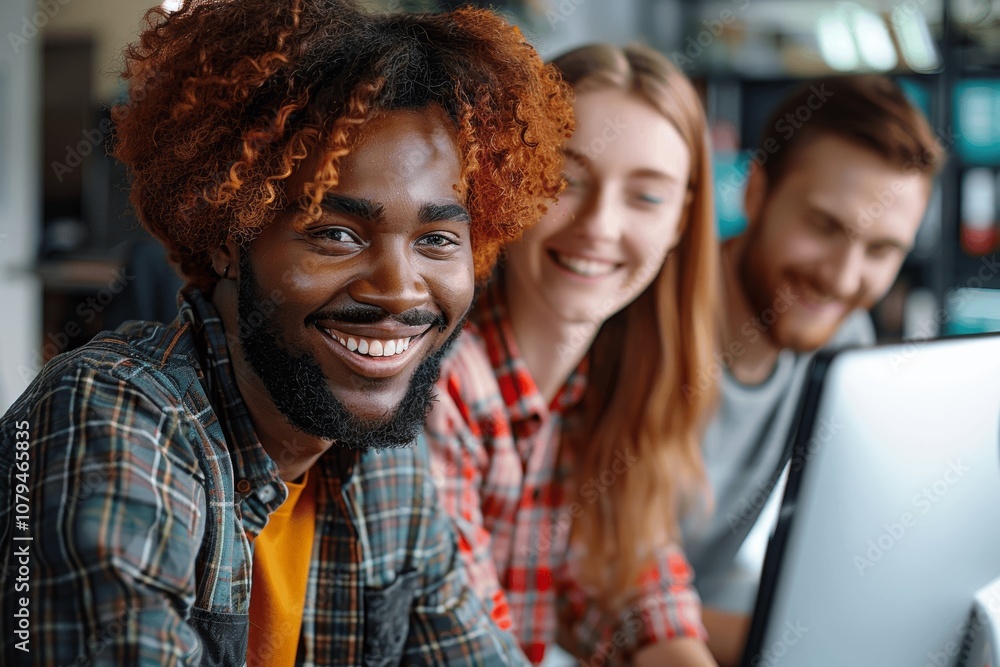 Diverse creative team working together in office smiling at computer screen Diverse creative team working together in office smiling at computer screen